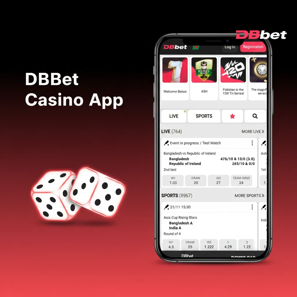 DBBet Casino app showing slots, table games, and live dealers; switch from betting to casino in one tap; Promotions tab shown