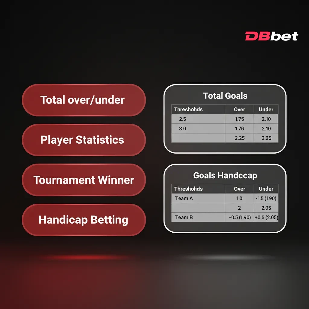 Types of Bets on DBBet: Single, Express, System, with descriptions; bet slip shows instant stakes and potential returns.