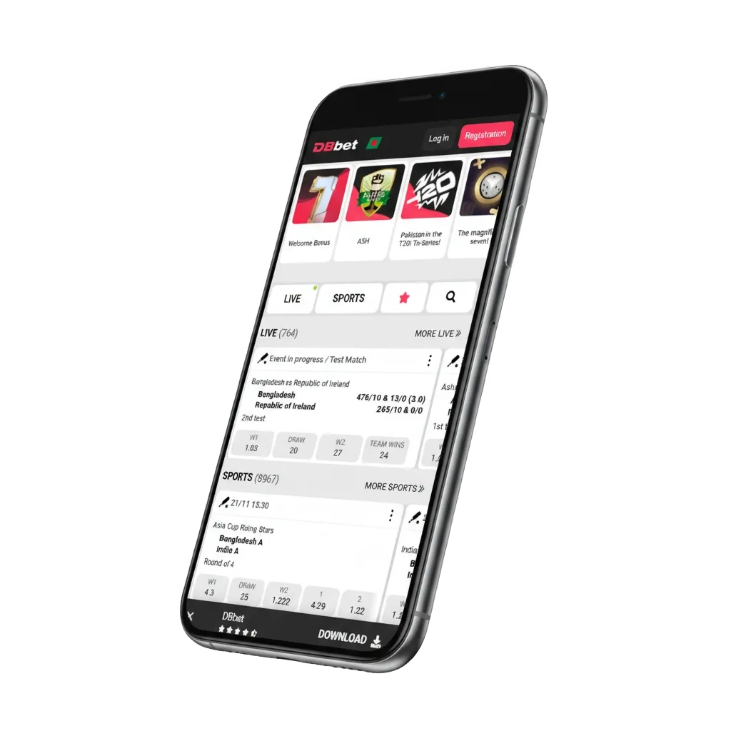 Download DBBet app for Android APK and iOS; Bangla support; sportsbook, live betting, casino; bonus up to €1,500+150 FS